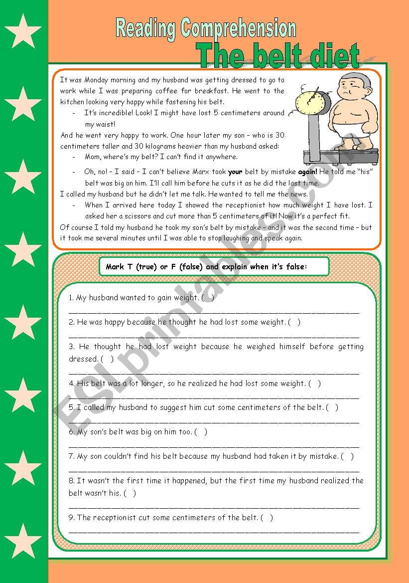 The belt diet  reading comprehension + short comparatives [3 tasks + keys included] ((3 pages)) **editable